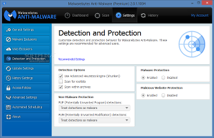 Showing the Malwarebytes Anti-Malware Premium settings